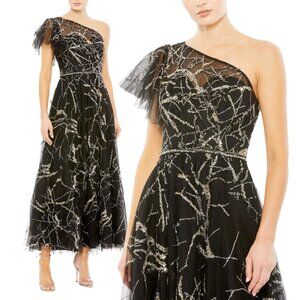 Mac‎ Duggal 20427 Womens Size 10 Black Gold One Shoulder A-Line Midi Dress Gown
